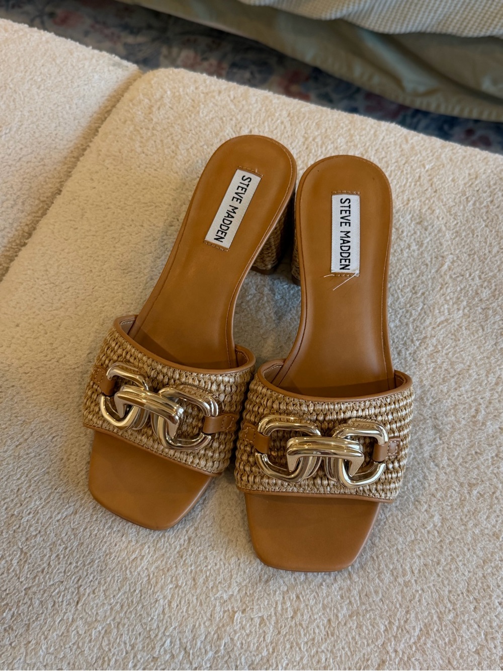 Steve Madden Tan Woven Mule Sandals with Gold Chain Accent